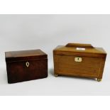 Mahogany and inlaid tea caddy on four brass bun feet, together with another, (2)