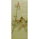 Embroidered silk panel, Meiji period, depicting Birds, Flowers and Foliage, 45 x 120cm