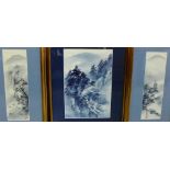 Group of three Japanese landscape paintings on silk, in glazed and giltwood frames, largest 24 x