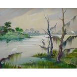 Peter Koster, (American 1890-1971) 'Cranes by a River' Oil-on-Canvas, signed, in a lime washed