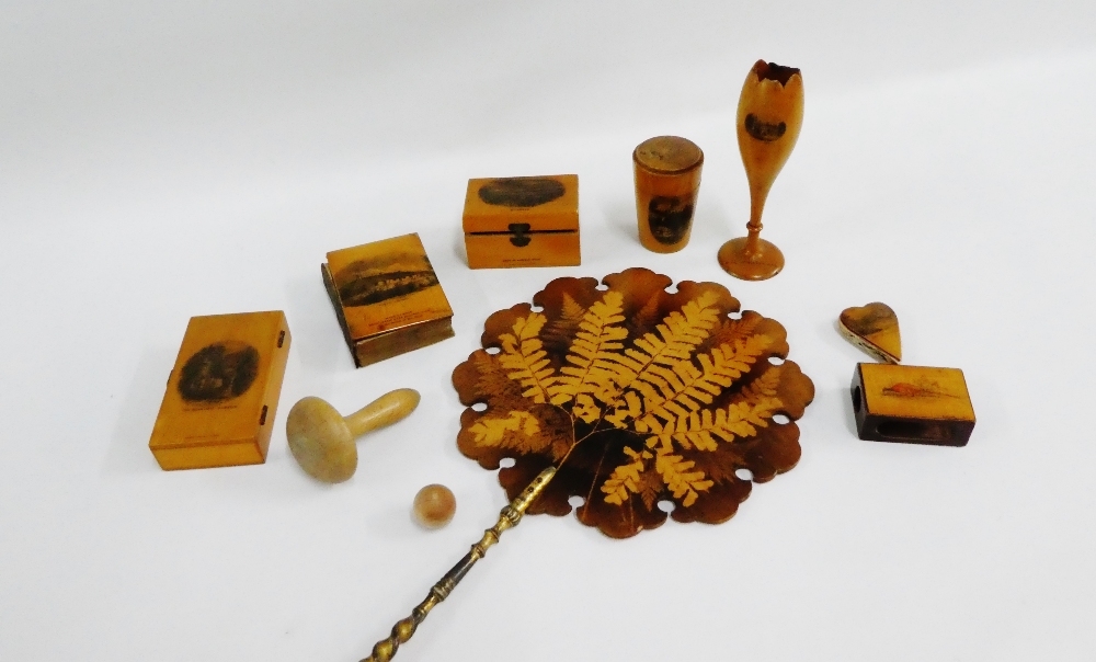 Collection of Mauchline ware to include boxes, heart shaped pin cushion, matchbox cover, New