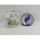 Japanese porcelain cup painted with birds, flowers and foliage, together with a small Japanese