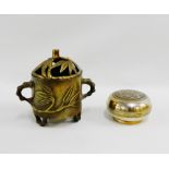 Chinese bronze potpourri jar and cover with faux bamboo handles and feet, 14cm high, together with a