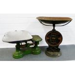 J. White & Son, Auchtermuchty table top green painted scales with blue enamel pan to weigh 28lb,