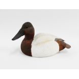 Canvas Back Drake, a wooden painted duck figure, 19cm long