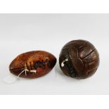 Two vintage miniature leather balls to include Rugby and Football, one with makers mark 'Epic