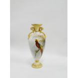 Royal China Works, Worcester blush ivory vase painted with a peacock on a branch, with twin