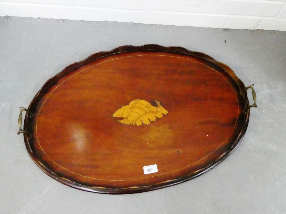 Mahogany and inlaid tray with shell paterae to centre and brass handles to side