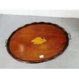 Mahogany and inlaid tray with shell paterae to centre and brass handles to side