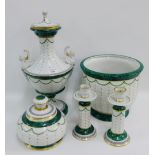 Italian Porcellane d 'arte five piece set, comprising an urn vase and cover, pair of candlesticks, a