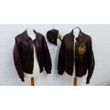 Type A - 2 U.S. Army brown leather jacket, together with another flying style jacket with skull