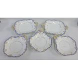 Five 19th century white glazed porcelain serving dishes with gilt edged rims, (5)