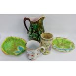 Scottish pottery, strawberry relief moulded jug, a Chinese export tankard, floral moulded dishes and