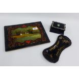 19th century painted lacquered desk blotter, together with a box and cover and a toile ware pen