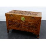 Camphor wood carved trunk with dragon carved decoration and brass clasp 64 x 100cm