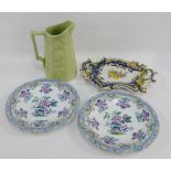 Staffordshire moulded jug, a Faience plate and two ironstone plates, (4)
