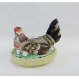 Victorian Staffordshire pottery hen-on-nest, 20cm long