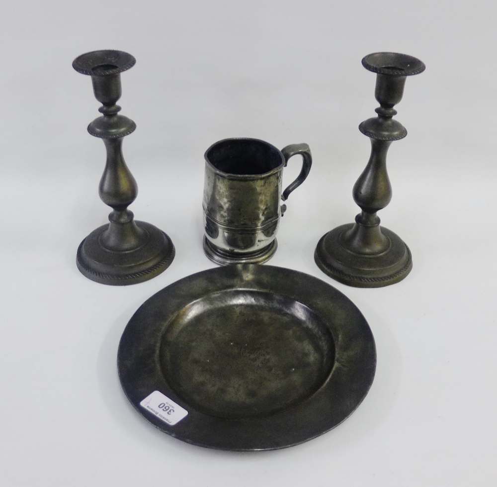 Pair of pewter knop stemmed candlesticks, a tankard and a plate, (4)