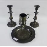 Pair of pewter knop stemmed candlesticks, a tankard and a plate, (4)