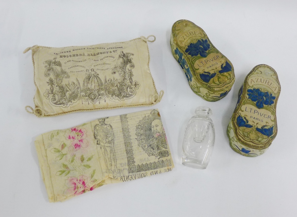 Two early 20th century Azurea perfume boxes, etched glass bottle with date for 1821, small French