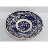 Iznik style stoneware pottery blue and white bowl with bird pattern, dated 1903, 42cm diameter