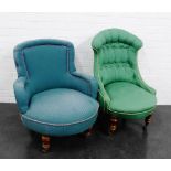 Upholstered blue armchair together with a buttonback green bedroom chair (2)