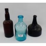 Antique green glass wine bottle and two others, (3)