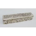 Chinese silver box and cover of rectangular form with repousee dragon and cloud pattern, 23 x 5cm