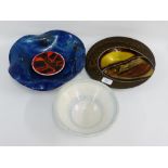 Collection of studio pottery bowls, an art glass dish and a small Poole pottery Delft patterned