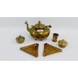 Collection of Indian brass wares to include a kettle, collapsible cup, trinket dishes, etc., (6)