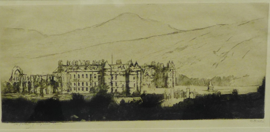 Robert S. Forrest 'The Palace of Holyrood House' Etched print, in a glazed frame, 35 x 18cm