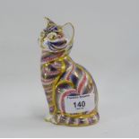 Royal Crown Derby Imari porcelain paperweight, in the form of a seated cat with printed backstamps