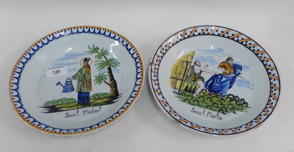 Pair of French 19th century Faience plates with polychrome decoration depicting St. Medart & St.