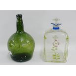 Nailsea type glass bottle with white inclusions, together with a floral painted glass decanter and