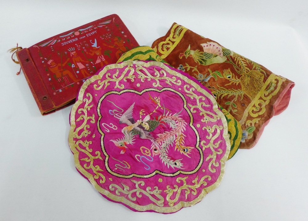 Early 20th century Egyptian photograph album and three Chinese embroidered panels