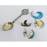 Two Norwegian silver and enamel brooches together with two others and a Norwegian silver teaspoon (