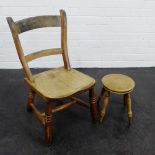 Country wood chair, together with a small milking stool, 70 x 36cm, (2)