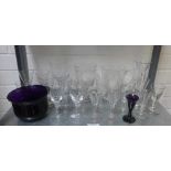 Quantity of 19th century and later drinking glasses and an amethyst glass rinser, (a lot)