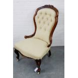 Mahogany framed buttonback chair on short cabriole legs and ceramic castors, 95 x 57cm