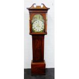 19th century mahogany cased grandfather clock, with broken swan neck over a painted dial with