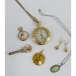 A mixed lot to include a 9 carat gold cased fob watch, 9 carat gold earrings, 9 carat gold brooch,