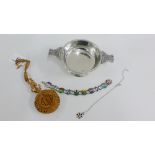 Mixed lot to include a Sterling silver and enamel bracelet, pewter quaich and a carved wooden castle