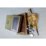 Mixed lot to include a chess set, a folio of unframed water colours, a cash box and a leather