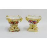 Two Bloor Derby pot pourri pots with gilt mask heads and hairy paw feet, covers lacking, 11cm