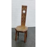 Oak spinning chair with carved back and seat, 93 x 32cm