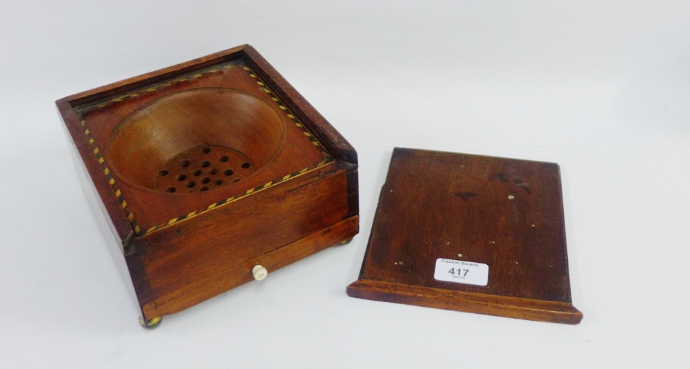 19th century mahogany stone sorting box on four brass bun feet, 17 x 19cm