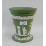 Wedgwood pale green Jasper vase with classical figures and fruit and vine moulded pattern, 17cm
