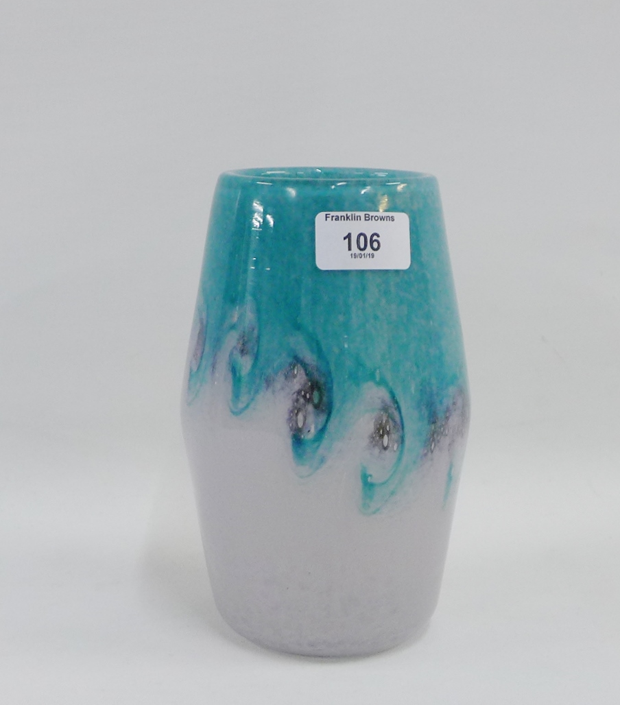 Vasart glass vase with blue and lilac swirls, 19cm high