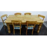 Pine kitchen table, 78 x 183cm, and six blade back stripped pine chairs, (7)