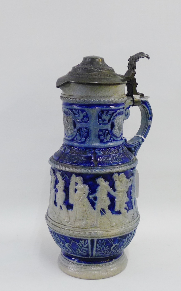 German stoneware Stein, with pewter hinged lid, 28cm high